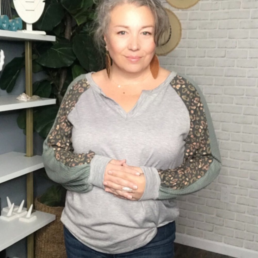 New White birch Leopard Trim long sleeve Top S-XL